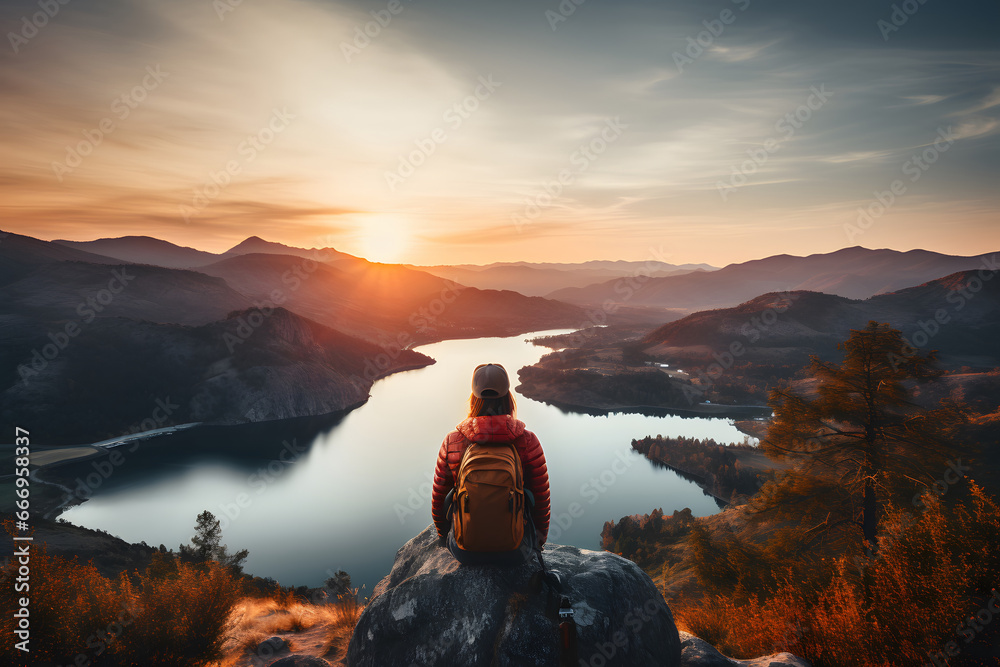 A man sitting on a rock on a mountain overlooking the clouds,  Silhouette of a man on top of a mountain peak.