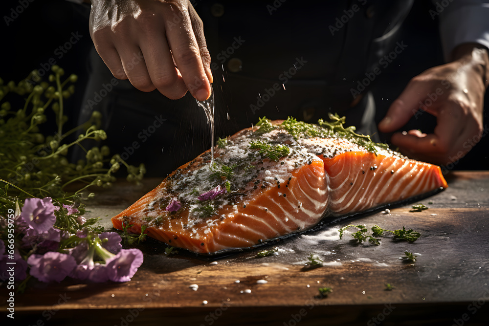 the chef preparing food grilled salmon steak with vegetables