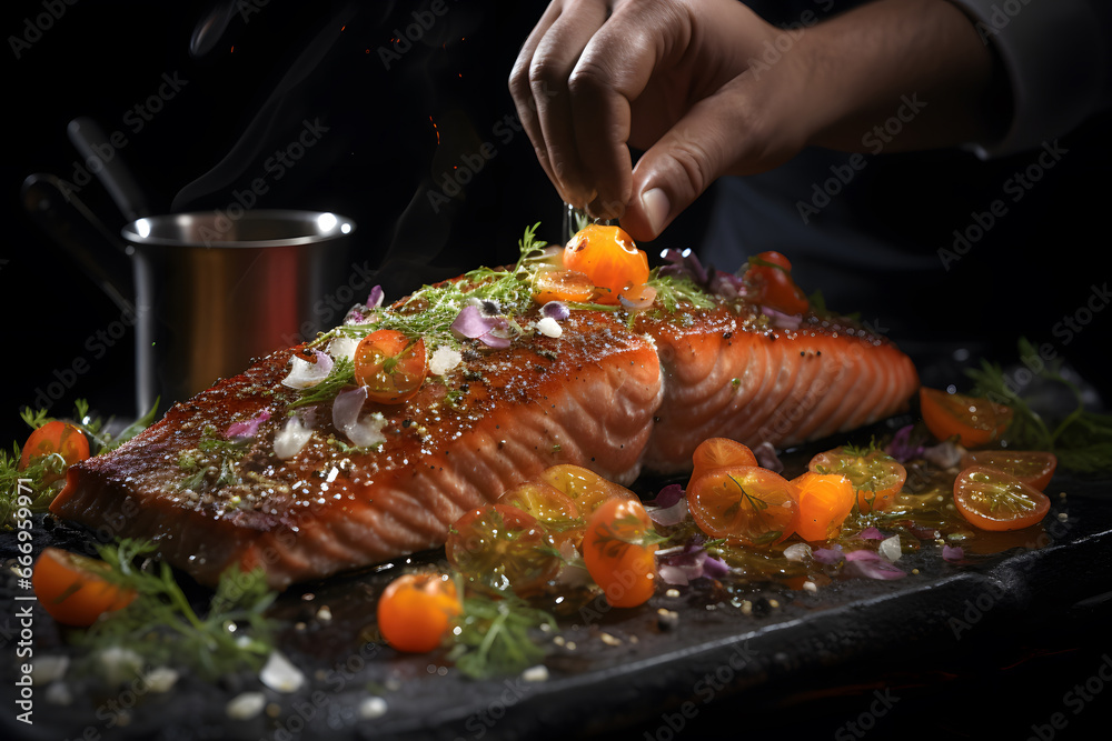 the chef preparing food grilled salmon steak with vegetables