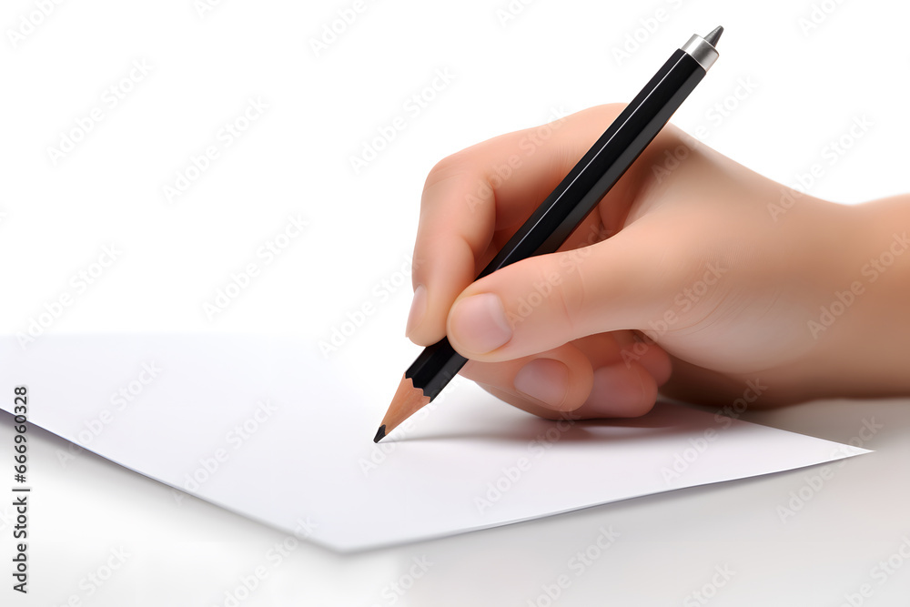 Closeup child hand writing with pencil on a white background