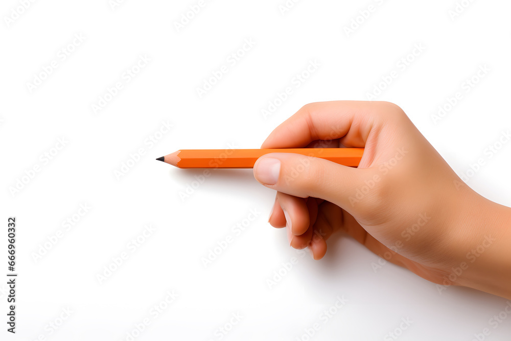 Closeup child hand writing with pencil on a white background