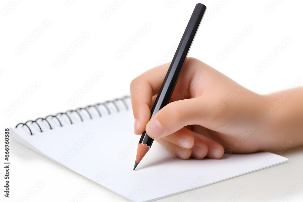 Closeup child hand writing with pencil on a white background