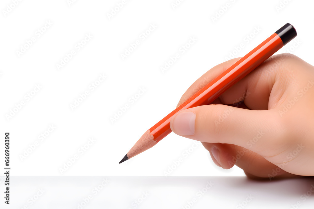 Closeup child hand writing with pencil on a white background