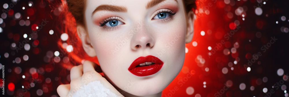 Beautiful woman with confetti on an a red colored background