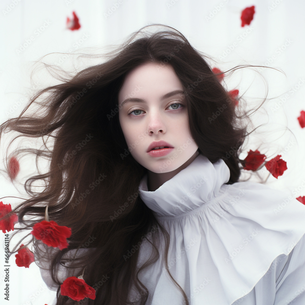 Elegant young woman with beautiful red flowers