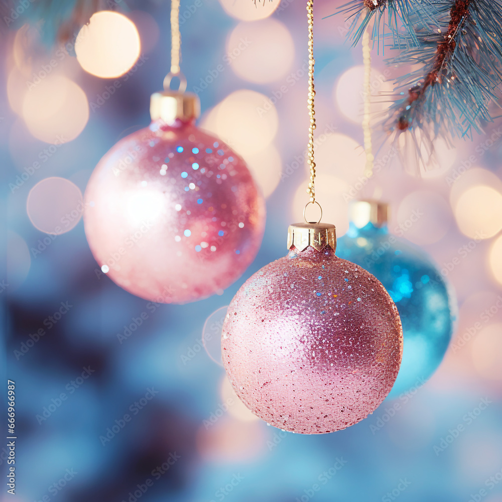 Christmas pastel colored baubles with beautiful bokeh lights