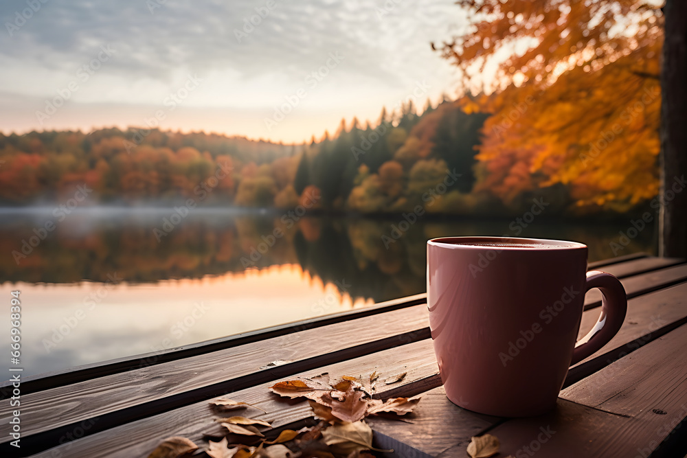 Coffee cup nestled among autumn leaves on a wooden table, with a lake in  fall autumn background