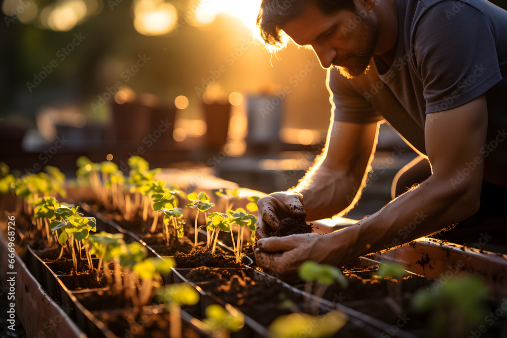 Farmer man transplanting tomato seedlings into open ground against green garden and country house. vegetable crop cultivation, farming concept