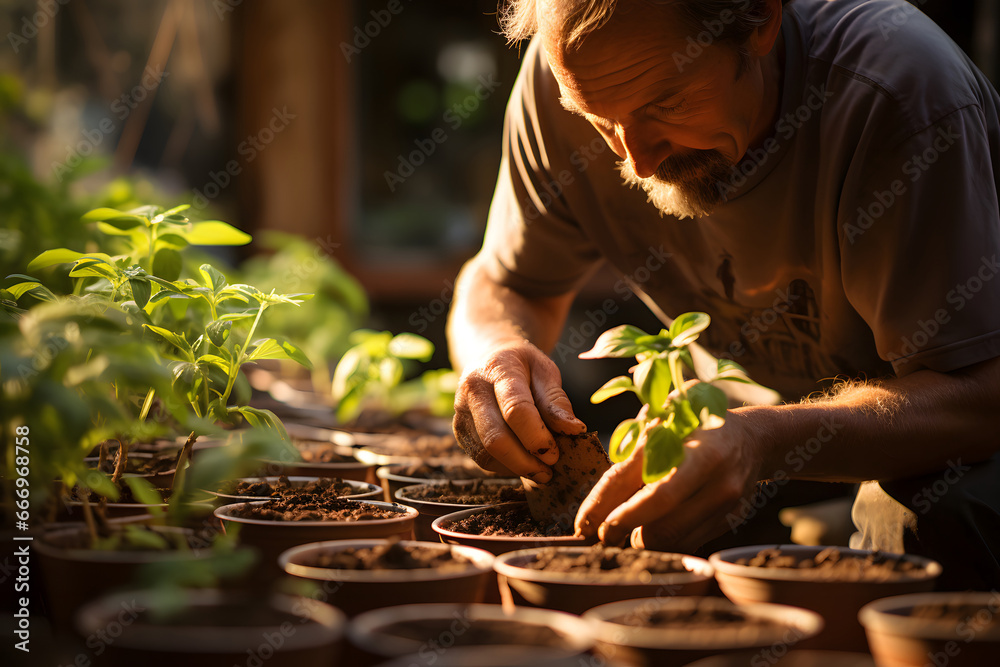 Farmer man transplanting tomato seedlings into open ground against green garden and country house. vegetable crop cultivation, farming concept