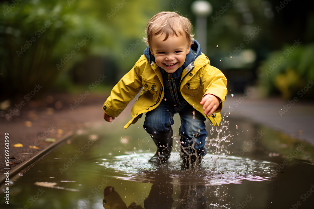 happy children run in puddles of rainwater on the road