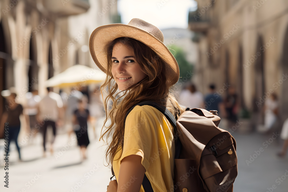 young woman  traveller alone, she explores an enchanting old town during her holiday abroad, haapy holiday