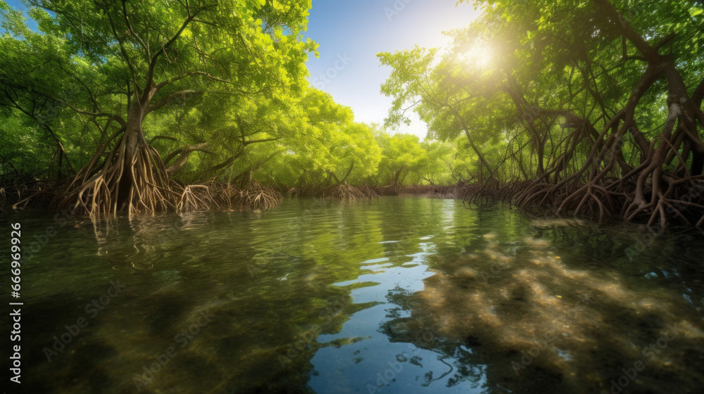 Mangrove forest, Underwater photograph of a mangrove forest with flooded trees and an underwater ecology.