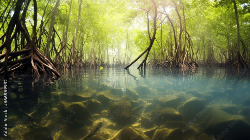 Mangrove forest, Underwater photograph of a mangrove forest with flooded trees and an underwater ecology.