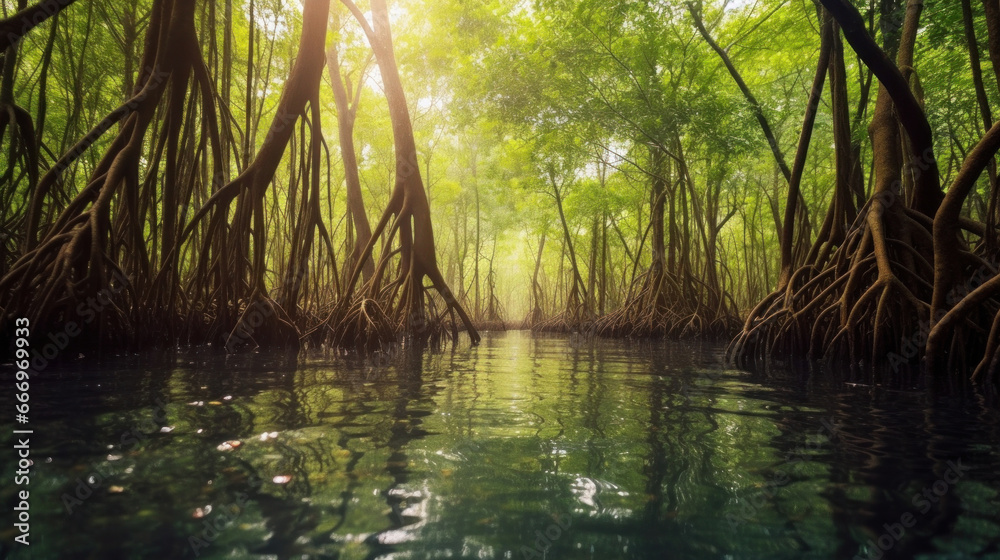 Mangrove forest, Underwater photograph of a mangrove forest with flooded trees and an underwater ecology.