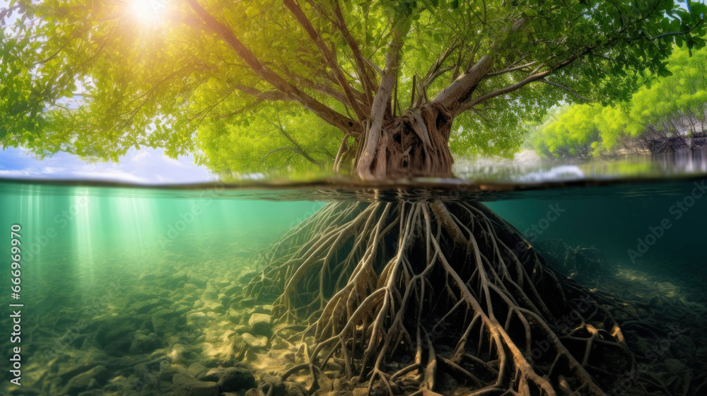 Mangrove tree and roots under water surface green foliage. mangrove forest.