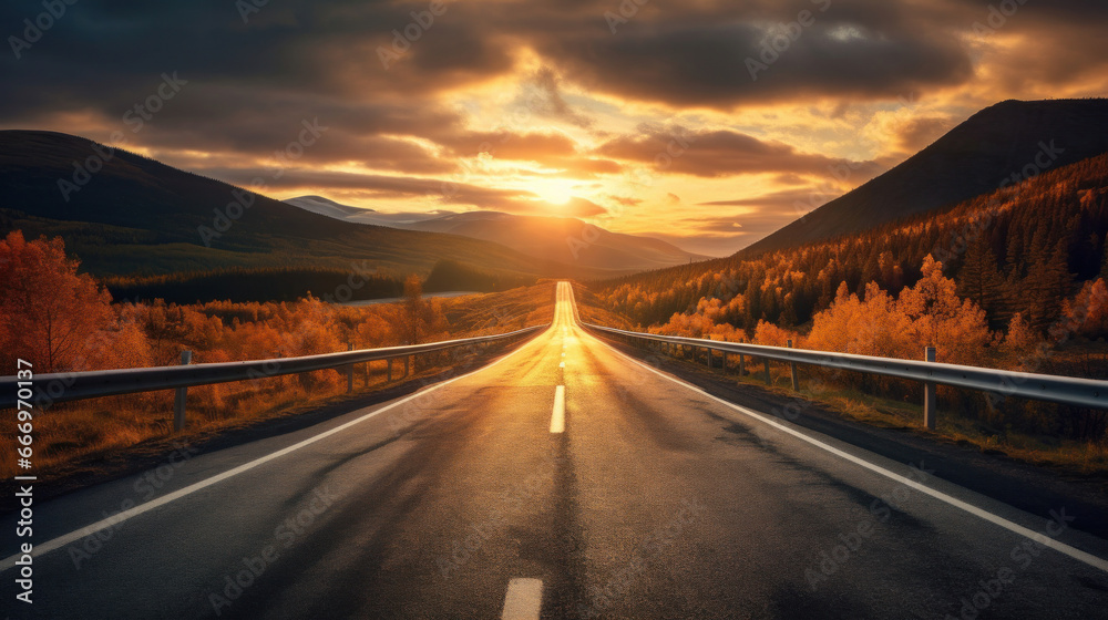 Road leading to autumn mountain scenery.