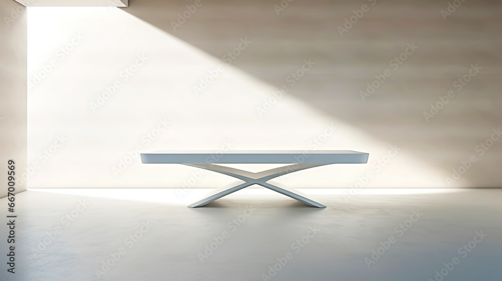 White empty room with table, light background with shadows, sunlight Minimalistic concept. Generative AI