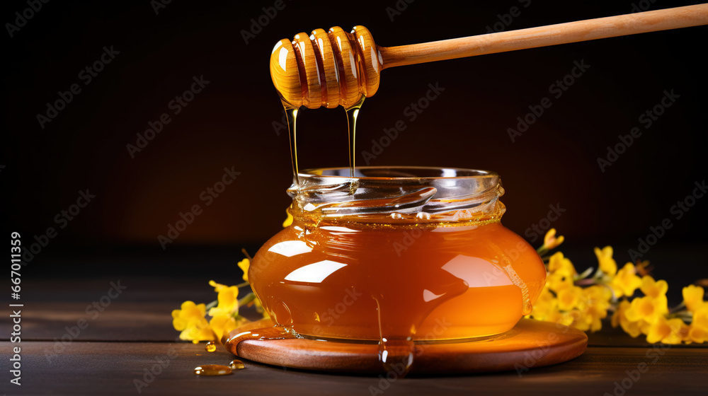 Close-up of a jar of honey, a dipper with dripping honey, on a wooden table with dark background. Generative AI