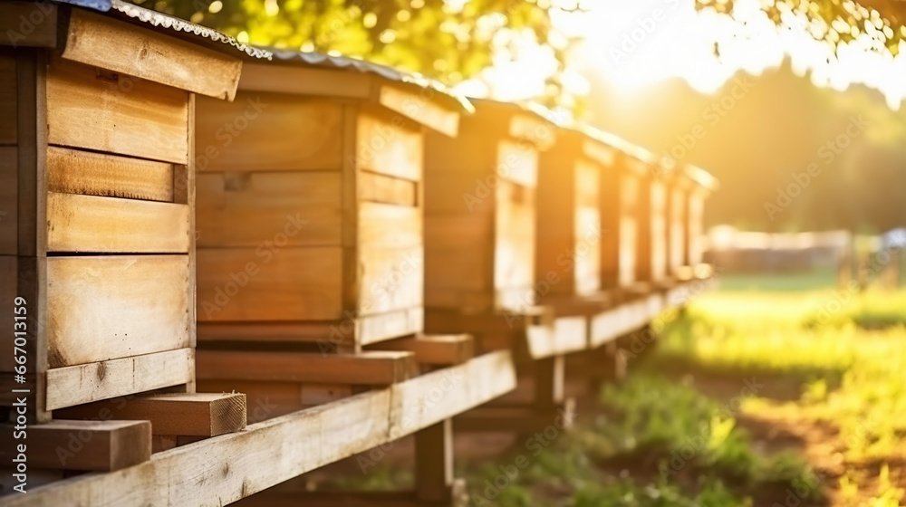 Closeup of honey hives in an apiary, sunny day. Apiculture concept. Generative AI