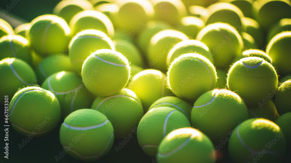 Closeup of a plenty of tennis balls on an empty tennis court, the sunshine. Sports lifestyle concept. Generative AI