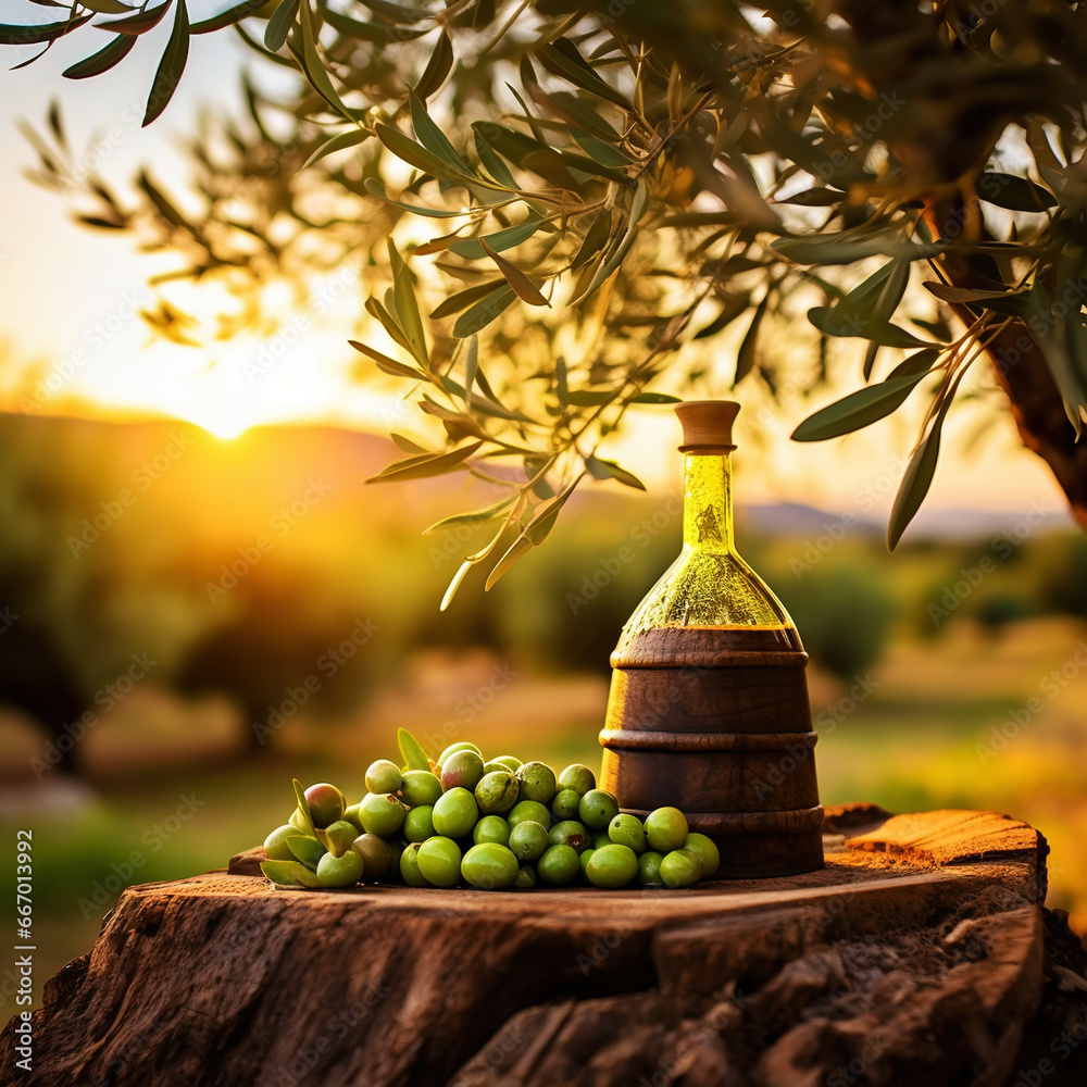 Bottles with organic olive oil and olives on a wooden table on the background of sunset in an farm garden. Generative AI