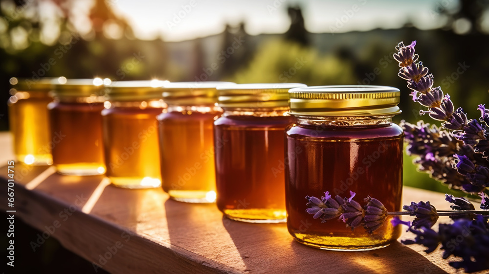 Jars of organic flower honey on a wooden table, with lavender, sunset in the background. Generative AI