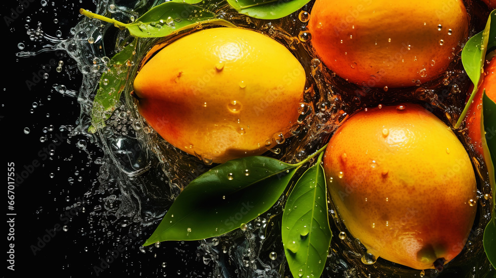 Fresh mangoes with water splashes on black background. Generative AI