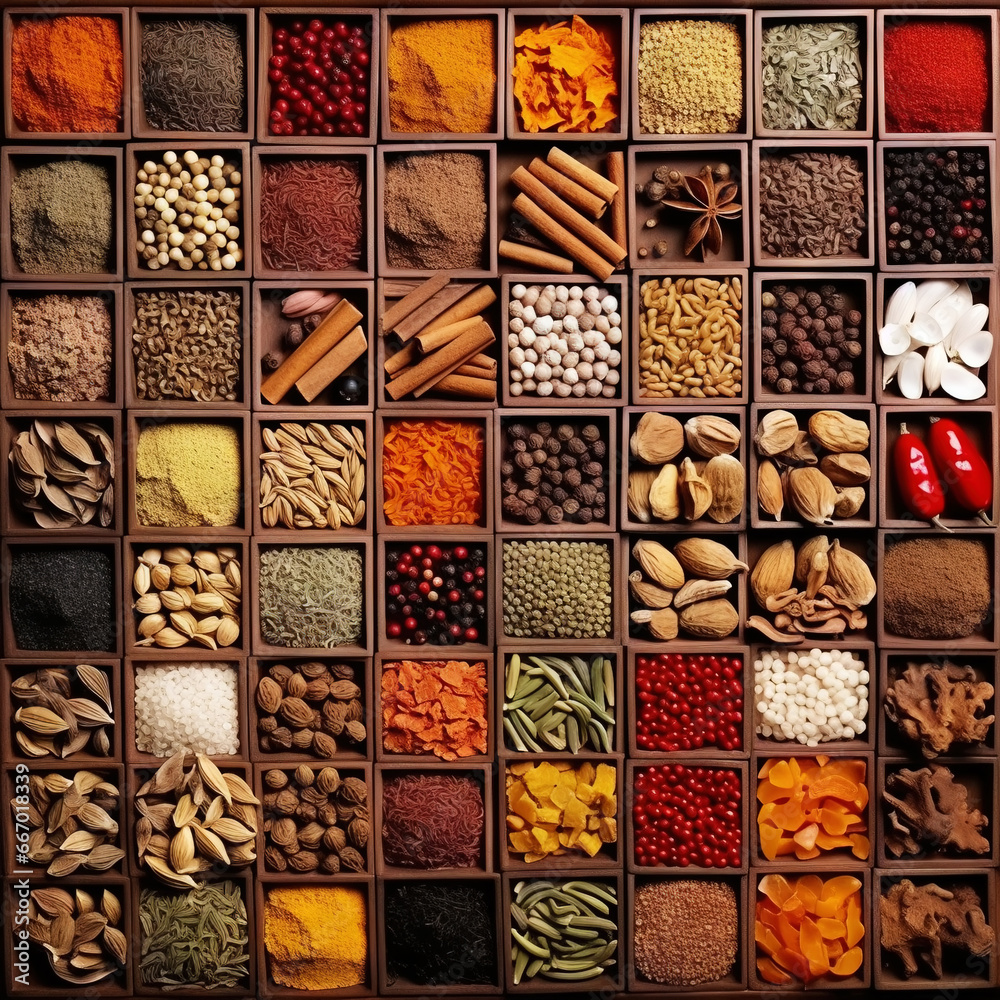 Collection of different aromatic spices and seeds in a wooden cells on black background, view from above. Generative AI