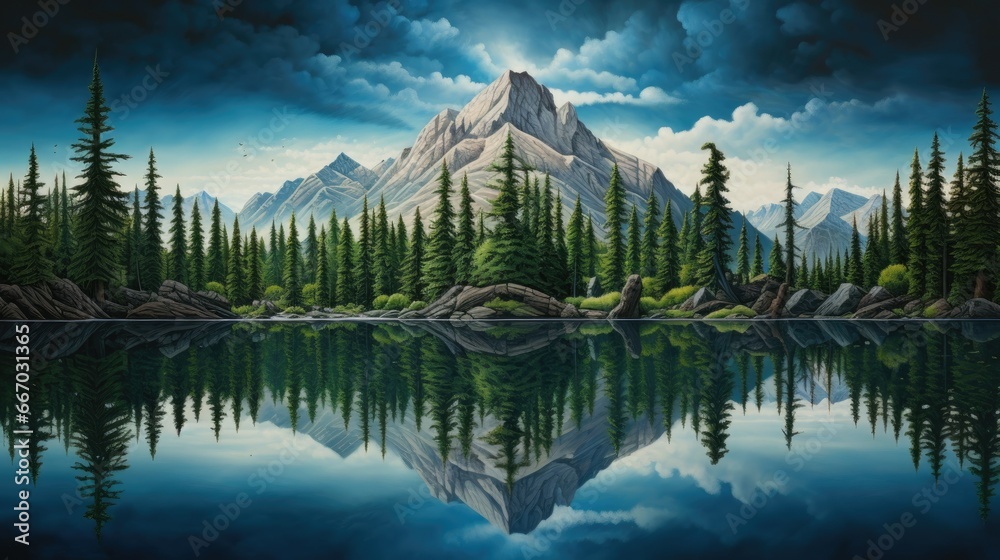  a painting of a mountain lake with pine trees in the foreground.  generative ai