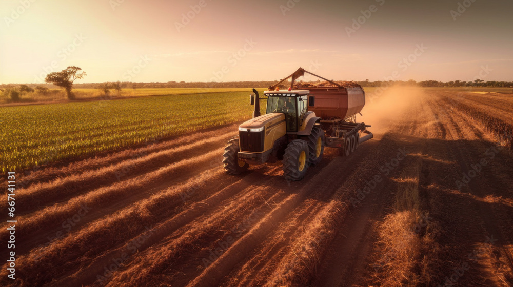 a big tractor in corn field.