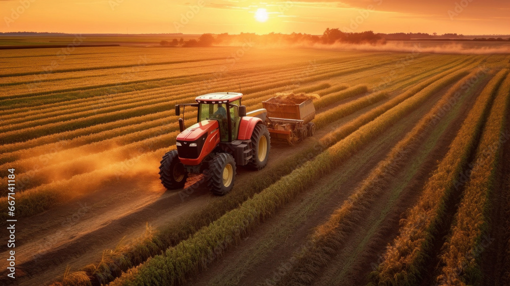 a big tractor in corn field.