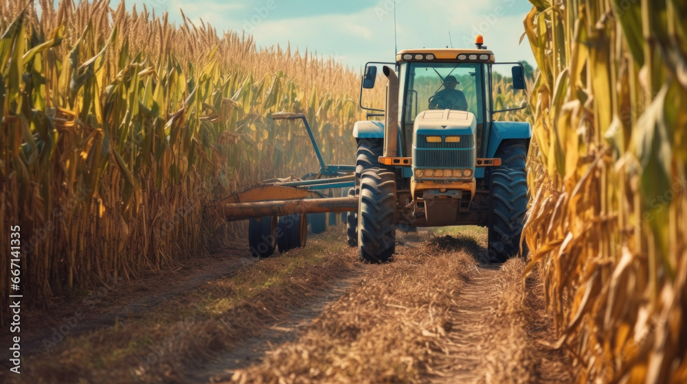 a big tractor in corn field.