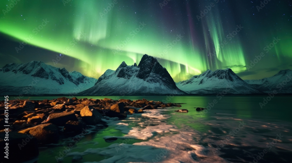 Aurora borealis at mountain landscape.