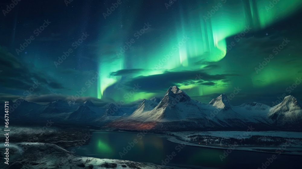 Aurora borealis at mountain landscape.