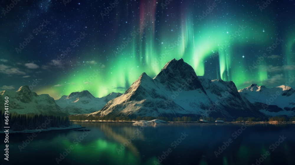 Aurora borealis at mountain landscape.