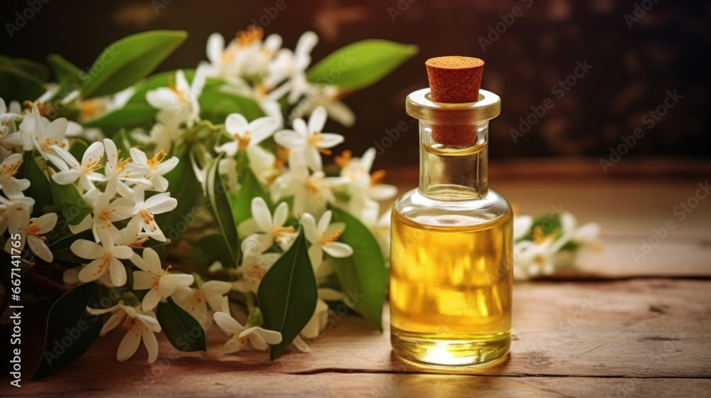 Neroli essential oil with flowers on a wooden background.