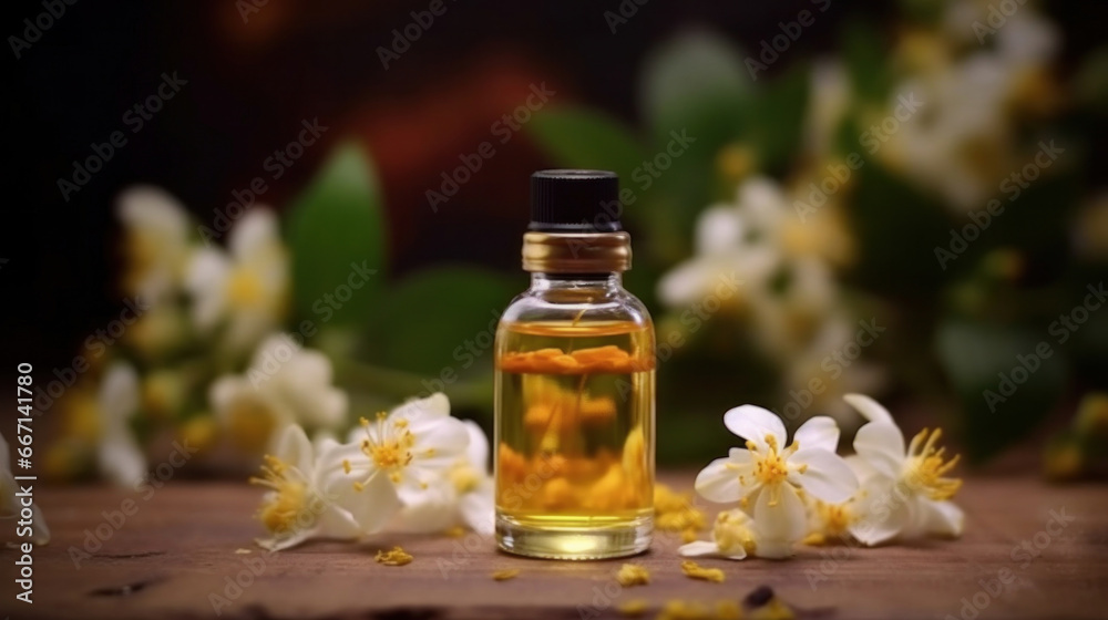 Neroli essential oil with flowers on a wooden background.