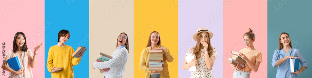 Collage with many people reading books on color background