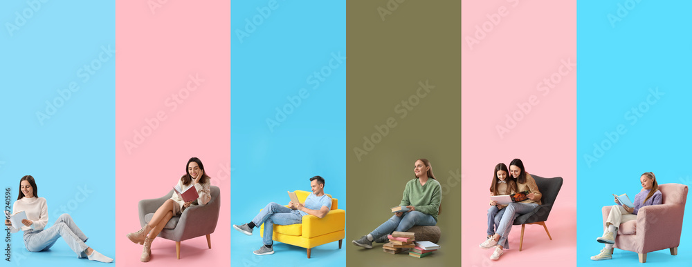 Set of many different people with books on color background