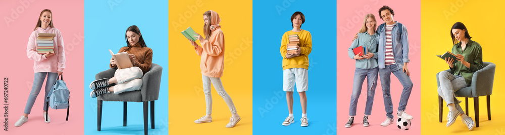 Set of many people with books on color background