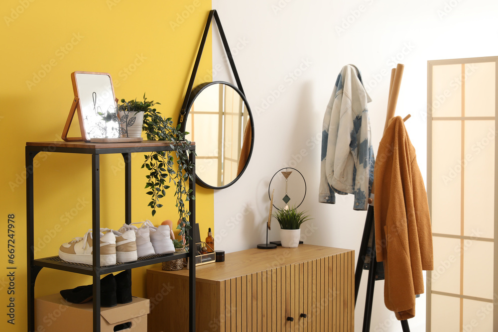 Interior of stylish hallway with mirror, wooden cabinet, shoe stand and rack