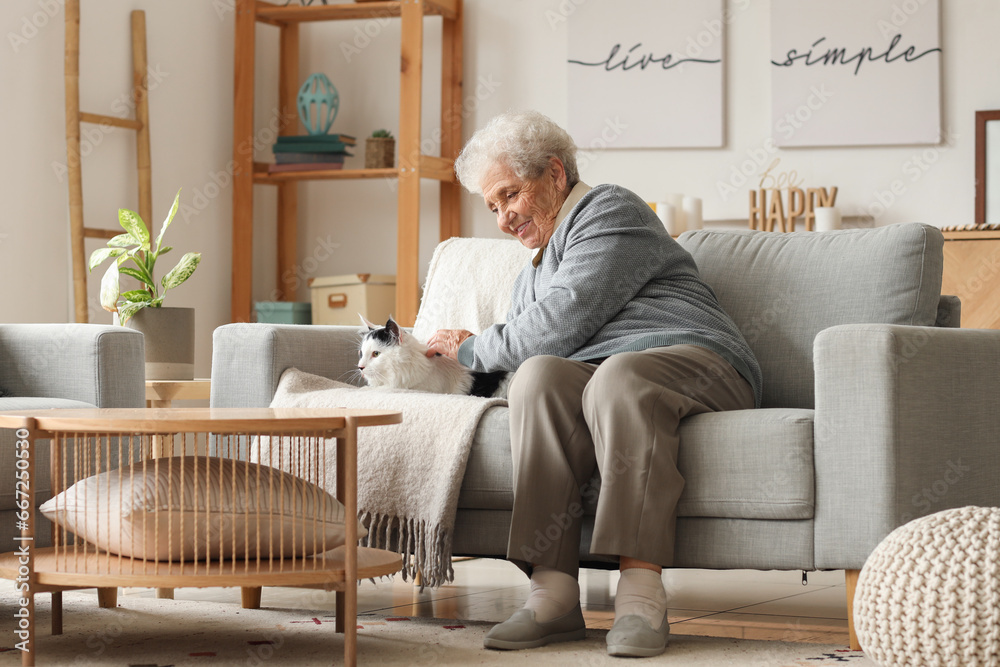 Senior woman with cute cat resting at home