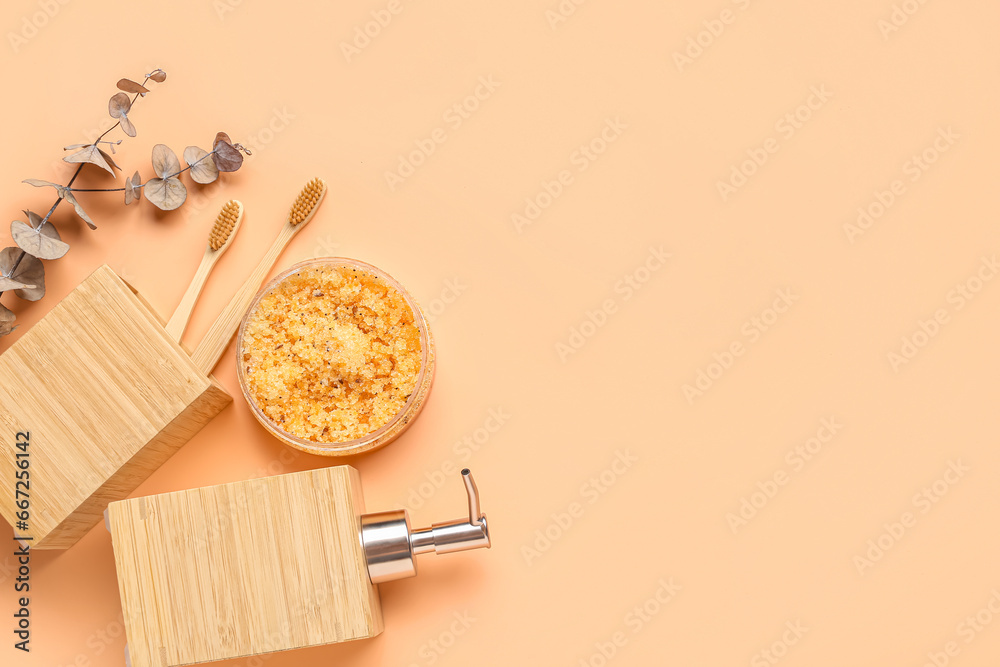 Composition with cosmetic products, toothbrushes and eucalyptus branch on color background