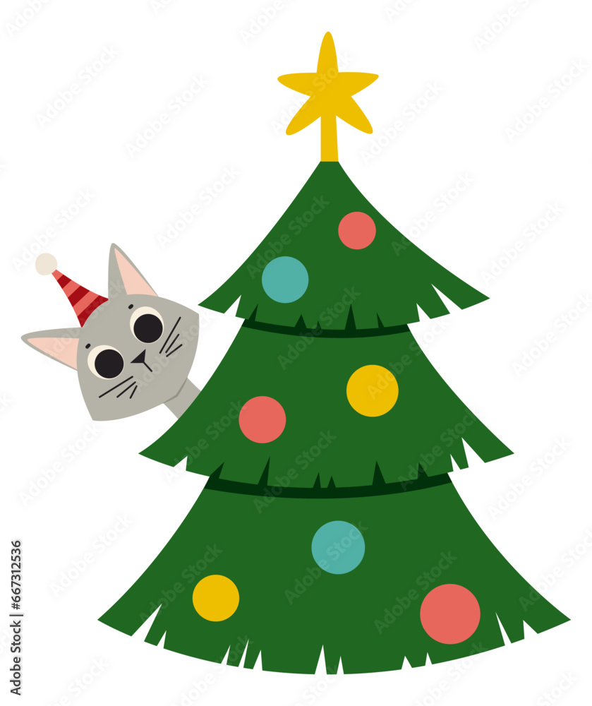 Cute cat and Christmas tree on white background