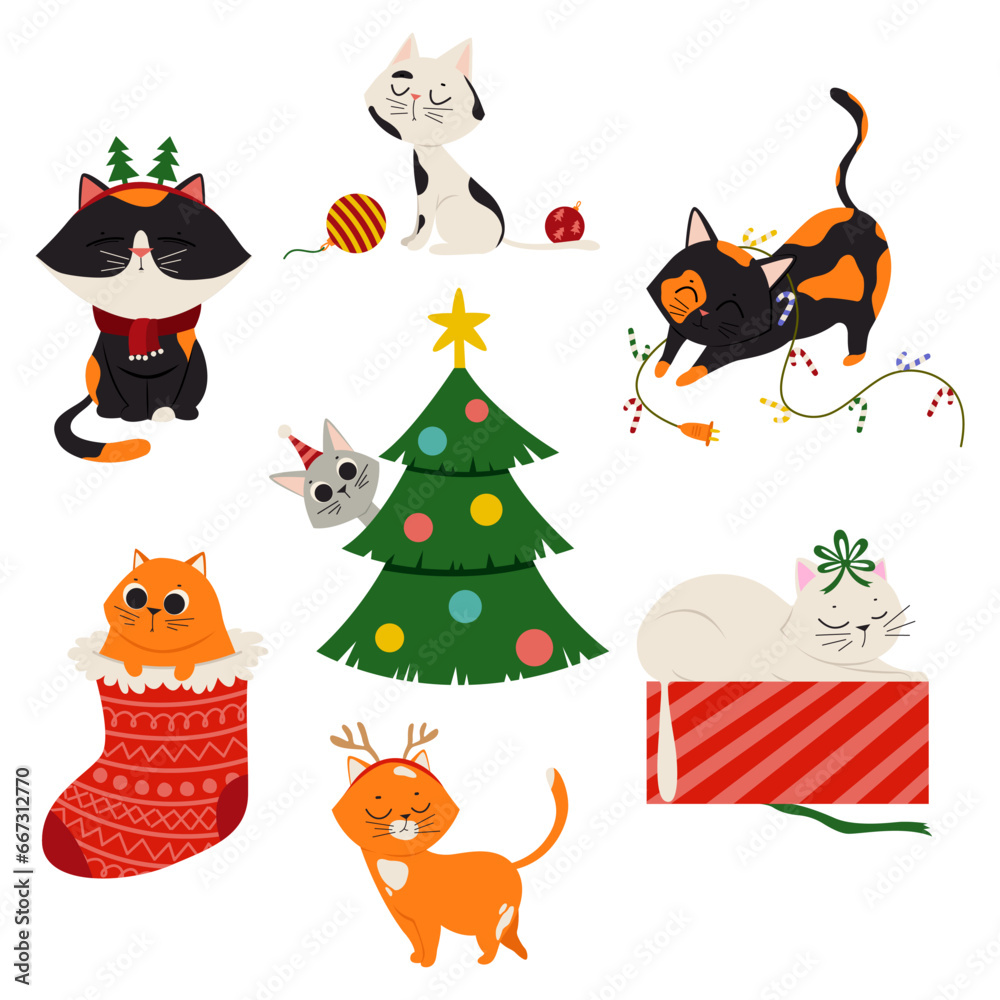 Set of Christmas clipart with cute cats on white background