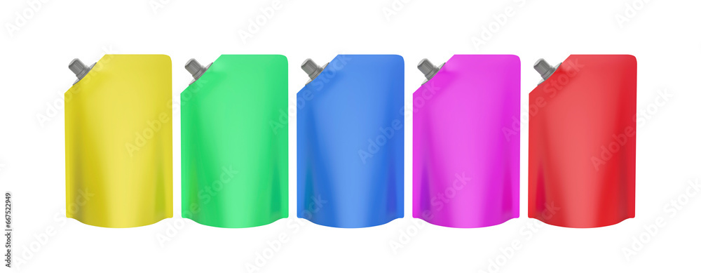 Row with five stand-up pouches with different colors, front view