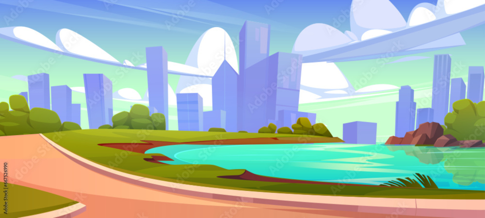 Summer city public park with lake or river, walk road, green trees and bushes against backdrop of high-rise buildings. Cartoon vector landscape of town street garden with woods, walkway and water pond