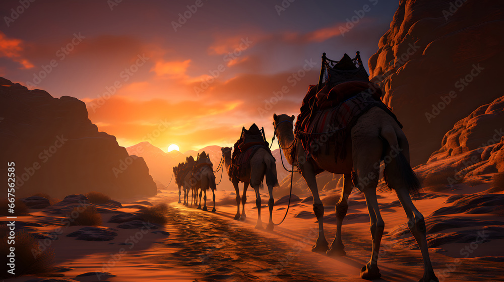 Camel caravan in the desert at sunset, people riding camels on a sand dune in the desert	 