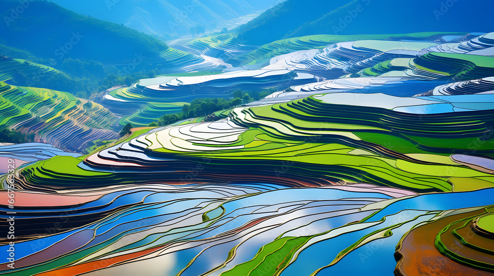 colorful Rice fields on terraced in Mu cang chai, Vietnam Rice field, Majestical contours and patchwork curves of efficient Vietnamese agriculture land. Immense plantation drone birds eye view,