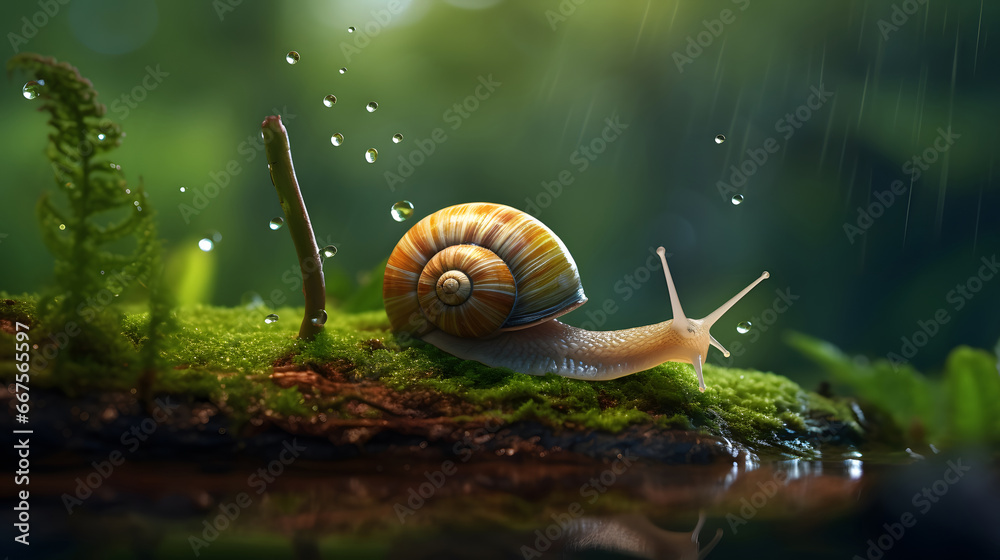 Macro photo of snail on mossy wood in rainy forest, snail on green natural background